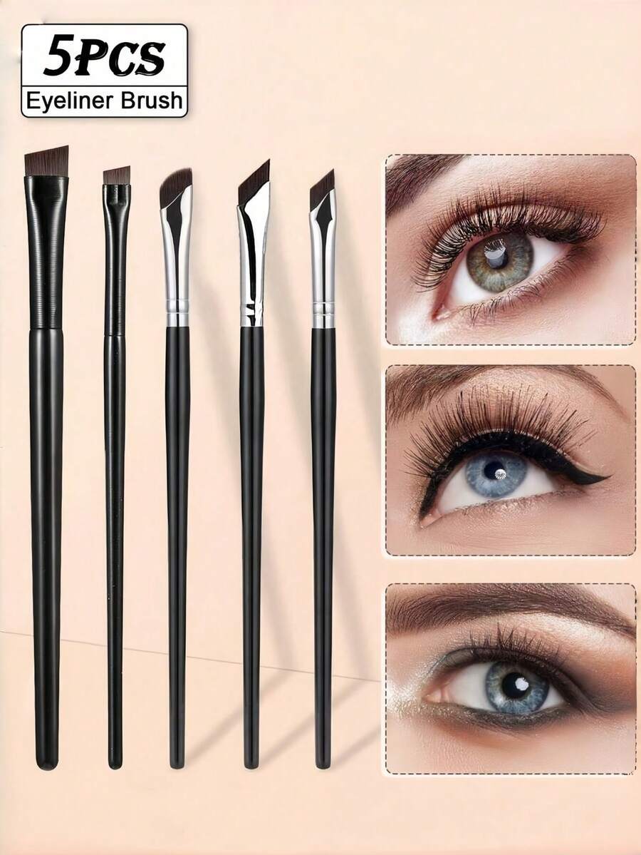 5PCS Precision Eye Makeup Brushes Set Including Scythe Shaped Eyeliner Angled Eyebrow Brush Long Handle Brushes For Delicate Dry Skin Easy Beautiful Eye Makeup Brush Kit Makeup Gift Set - Black - View 1
