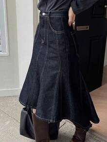 DAZY Women's Regular Mid-Waist Fishtail Skirt, Elegant Denim A-Line Skirt - Dark Wash - View 3