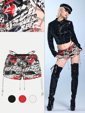 ROMWE Avant Damen Retro Biker Chic extrem taillierte sexy Shorts mit Ketten-Trägern