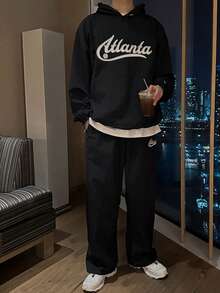 DAZY Men's Letter Embroidered Hoodie Set, Black, Spring/Autumn - Black - View 6