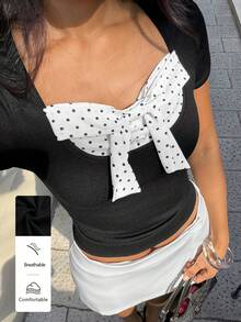 FavEase Women's Summer T-Shirt: Casual Party Big Round Neck Polka Dot Fake Two-Piece Bow Tie Top - Black - View 1