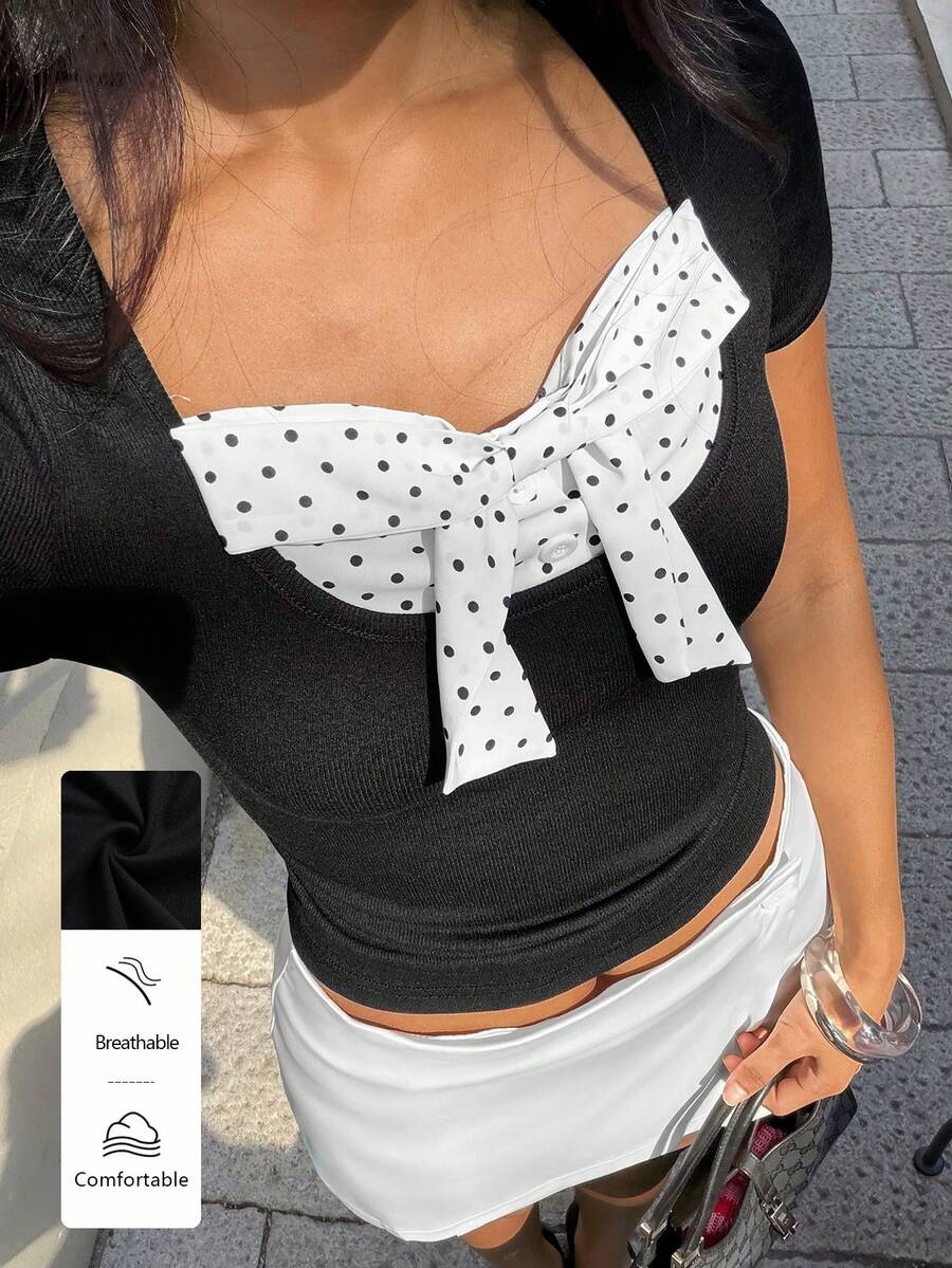 FavEase Women's Summer T-Shirt: Casual Party Big Round Neck Polka Dot Fake Two-Piece Bow Tie Top - Black - View 1