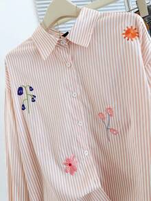 Resyla 女士条纹花卉刺绣图案休闲百搭通勤长袖衬衫 - 彩色 - 查看 3