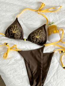 SHEIN Swim Vcay 女士串珠刺绣装饰露背系带性感比基尼套装，海滩度假 - 棕色 - 查看 6