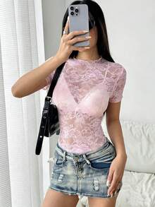 EgrlEra Women's Sexy Sheer Lace Short Sleeve Fitted Blouse, Summer - Baby Pink - View 3