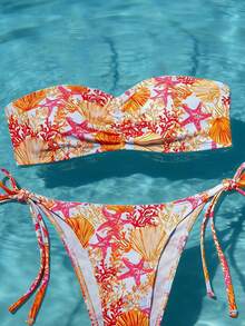 Swim Mod 女士两件式泳衣，时尚可爱贝壳珊瑚印花随机抹胸上衣搭配可调节肩带和侧系带低腰泳裤，成人沙滩装 - 彩色 - 查看 3