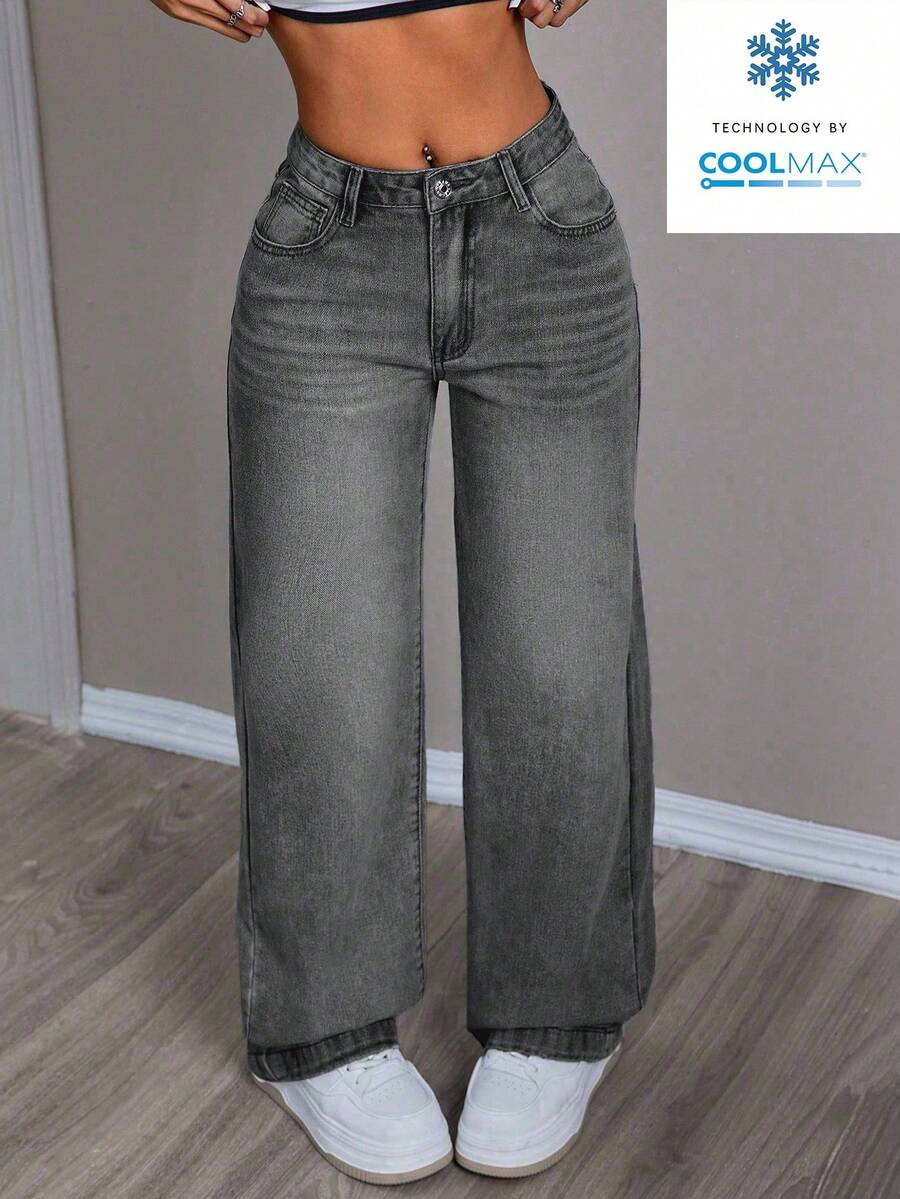 SHEIN PETITE Solid Color Slant Pocket Casual Versatile Straight Leg Jeans - Grey - View 1