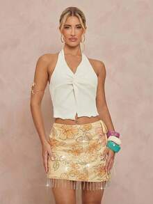 Lumalex Chân váy ngắn buộc dây tua rua đính sequin và hạt cườm hoa văn dành cho nữ - Nhiều màu - Xem 4