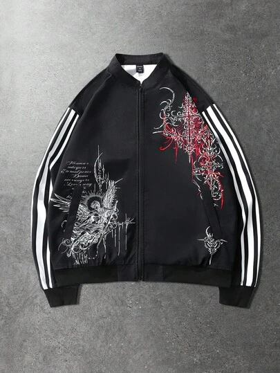 ROMWE MEN Men's Casual Slogan Print Contrast Striped Jacket, Spring/Autumn