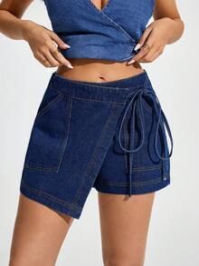 Jeanoix Women's Solid Color Wrap Tie Casual Denim Shorts Vacation Navy Blue Summer - Blue - View 7