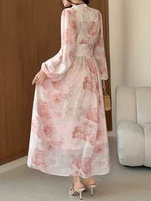 DAZY Đầm in hoa mùa xuân hè, đầm midi thanh lịch ôm dáng cho ngày Valentine, đám cưới, tiệc tùng, dịp trang trọng, đi làm hàng ngày, đầm dài tay họa tiết hoa tối màu. - Hồng - Xem 4