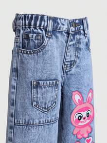 2026 Spring/Summer New Arrival Girls' Jeans, Cartoon Print Loose Straight Leg Relaxed Fit Distressed Denim Pants, Fashionable Light Blue Casual Streetwear For Outings, School, Commute, Parties, Home, Festivals - Light Wash - View 5