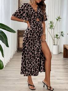 Breezaya 女士夏季豹纹扭结前领露背开衩连衣裙长款女装 - 咖啡棕 - 查看 6