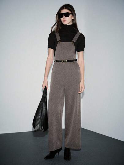 Lumivelle Denim Fabric Jacquard Solid Color Fitted Metal Buckle Real Pocket Backless Waist Cinched Holiday Vacation Casual Commute Minimalist Spring/Summer Women Jumpsuit