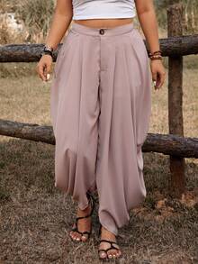 Ceyna Plus Size Casual Solid Color Ruched Pants - Khaki - View 5
