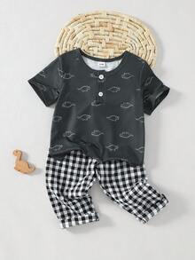 两件套幼儿男童休闲鳄鱼纹短袖上衣和黑白格子裤睡衣套装 - 彩色 - 查看 3