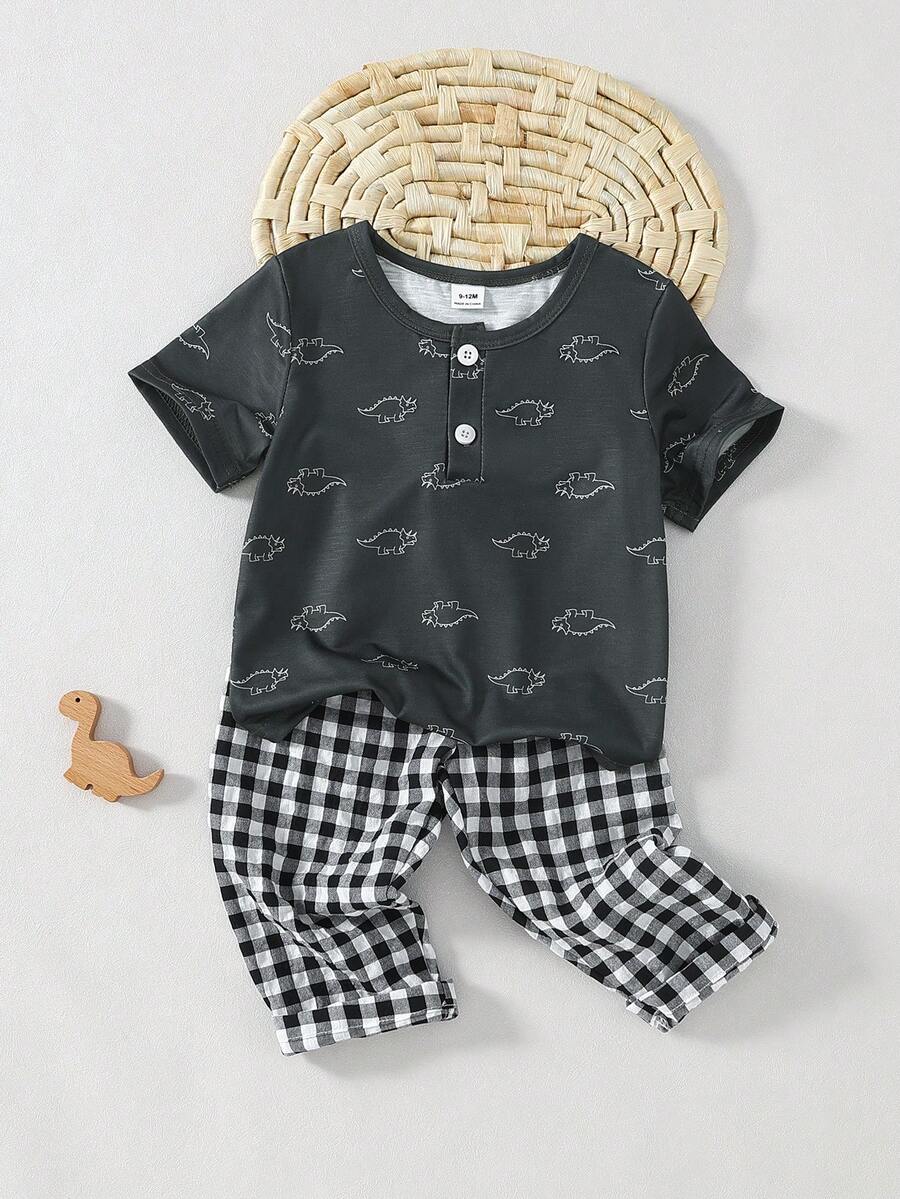 两件套幼儿男童休闲鳄鱼纹短袖上衣和黑白格子裤睡衣套装 - 彩色 - 查看 1