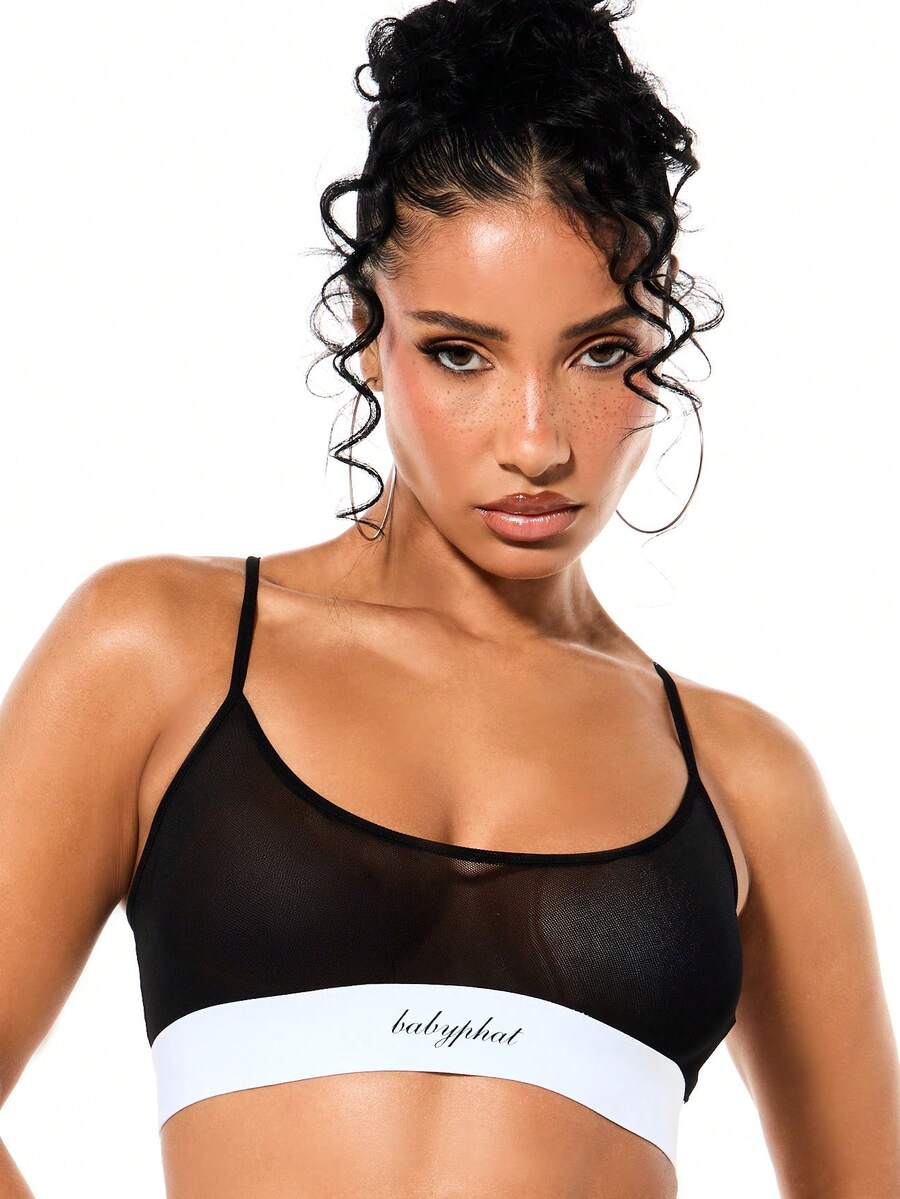 BABYPHAT Áo lót hai dây cổ tròn bằng lưới, chất liệu bán trong suốt, thích hợp cho đồ ngủ. - màu đen - Xem 1