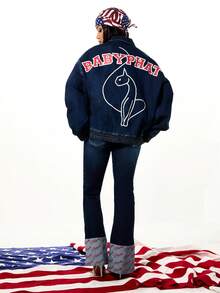 BABYPHAT Chaqueta vaquera oversize con estampado de logo y cierre con cremallera para moda casual de calle en invierno y otoño - Azul Marino - Ver 3