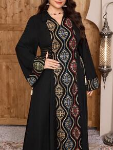 Al Najma Plus Size New Colorblock Patchwork Design Embroidery Cinched Elegant Dress - Multicolor - View 5