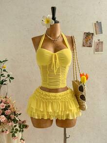 Soleia 女士度假浪漫雪纺褶皱吊带背心，蝴蝶结系带吊带露背上衣，适合海滩、海边、性感、约会、海滩度假、假日下午茶、婚礼季、海滨游轮度假、都市度假、波西米亚风度假、音乐节、嬉皮西部风等场合，可内穿或外穿，适合所有季节，日常通勤黄色上衣，情人节创意，狂欢节。 - 鵝黃色 - 查看 9