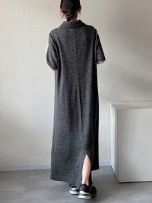 FRIFUL 女士纽扣前开襟休闲短袖连衣裙 - 灰色 - 查看 5