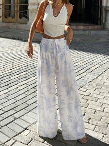 Pariaura 2026新款女士蓝白碎花阔腿裤 - 蝴蝶结腰身褶皱细节，休闲办公简约风格 - 彩色 - 查看 3