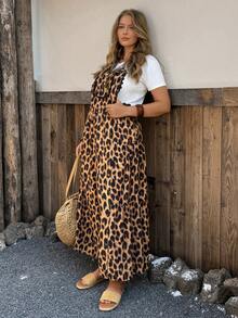 SHEIN PETITE CURVE Plus Size Women Leopard Print Lace Patchwork Fashionable Versatile Vacation Jumpsuit Boho Jumpsuit For Women Cheetah Print Leopard Jumpsuit Cheetah Print Outfit Women Animal Print Clothes - Brown - View 4