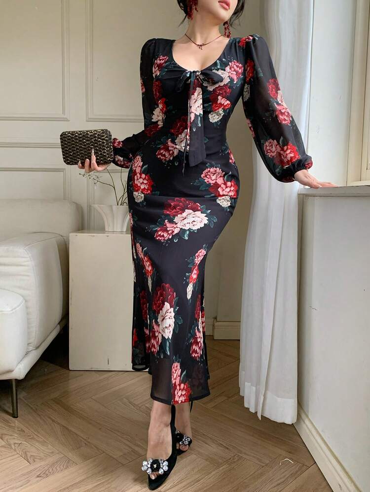 Women's V-Neck Long Sleeve Floral Print Waist Fit Mermaid Dress, Elegant Sundress