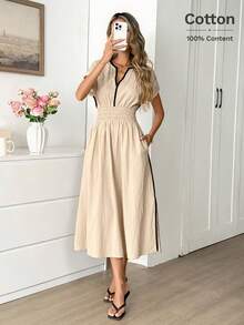 Easowa Đầm midi dáng chữ A rộng rãi, nhún bèo, tay trễ vai, dây rút eo, xẻ tà cao bên hông, 100% cotton, thích hợp mặc đi làm hoặc đi nghỉ mát, phong cách thường ngày thanh lịch cho nữ mùa xuân/hè. - Màu be - Xem 2
