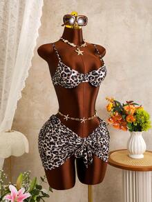 Bonvoyette Women's 3-Piece Swimsuit Set, Sexy Leopard Print Pattern, Elegant Mature Style, Adjustable Straps, Suitable For Beach Vacation, Spring/Summer