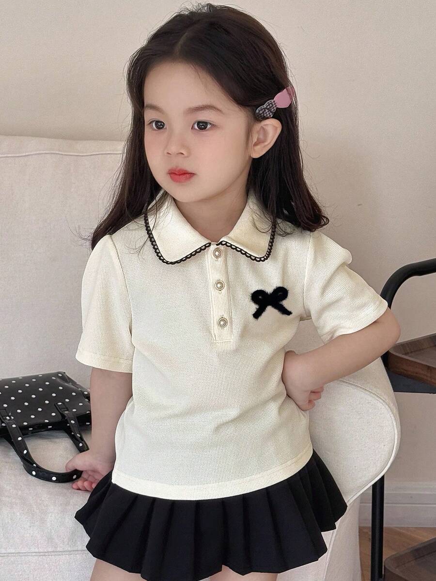 DAZY 女童蝴蝶结领纽扣半开襟T恤