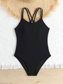 SHEIN 适合青少年女孩的多功能可调节肩带连体泳衣 - 黑色 - 查看 7