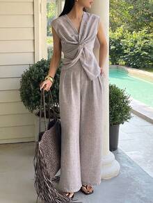 DAZY 女士V领扭褶设计短袖上衣搭配褶皱阔腿裤休闲套装 - 紫色 - 查看 5