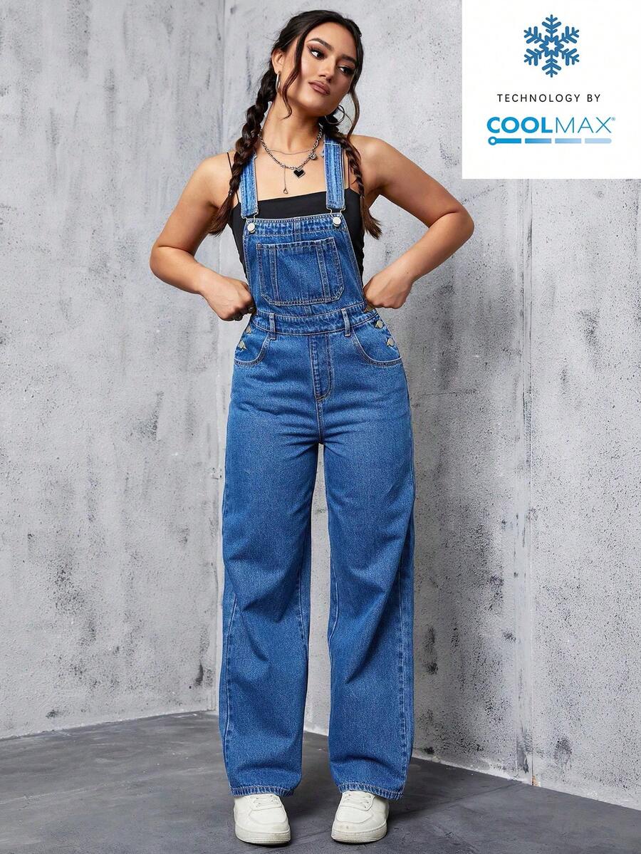 SHEIN ICON Women's Casual Everyday Commute Versatile Denim Bib Overall Jumpsuit - Medium Wash - View 1