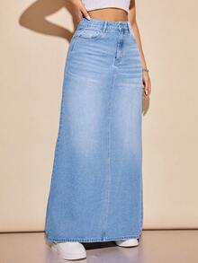 Rivivi A-Line Denim Skirt With Side Pockets, Casual & Versatile - Light Wash - View 4