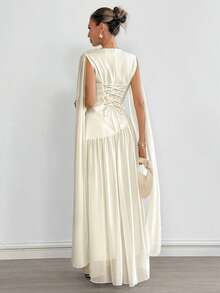 Siren Gaze 女士优雅杏色褶裥连衣裙，夏季 - 杏色 - 查看 2