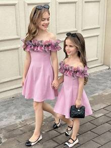 Tween Girl Elegant Party Floral Print Off-Shoulder Ruffle Hem Dress - Pink - View 5