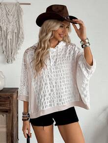 LanaWest 女士西部休闲纹理撞色蕾丝露背镂空蕾丝下摆撞色罗纹宽松蝙蝠袖针织卫衣 - 白色 - 查看 6