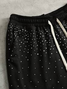 ROMWE MEN Street Life Men's Rhinestone Decor Round Neck Short Sleeve T-Shirt And Drawstring Waist Shorts Set - Black - View 4