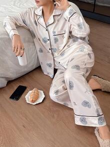 DAZY 爱心熊印花女士睡衣套装 - 米色 - 查看 8