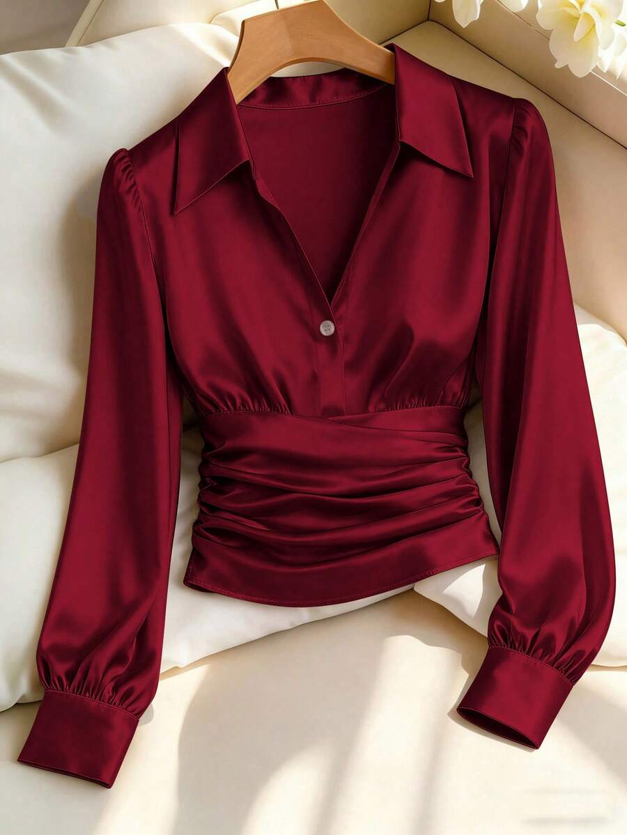 Franclia Áo sơ mi nữ dài tay dáng ôm, màu trơn, xếp ly, cài cúc, thanh lịch. - Màu Đỏ Sâu - Xem 1