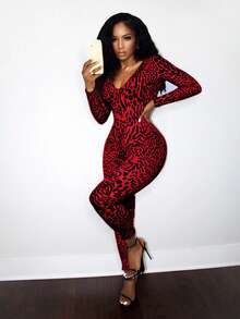 Mistrie Women's Casual Red Random Print Knitted Jumpsuit With V Neck Long Sleeve Backless Cropped Unitard - Red - View 3