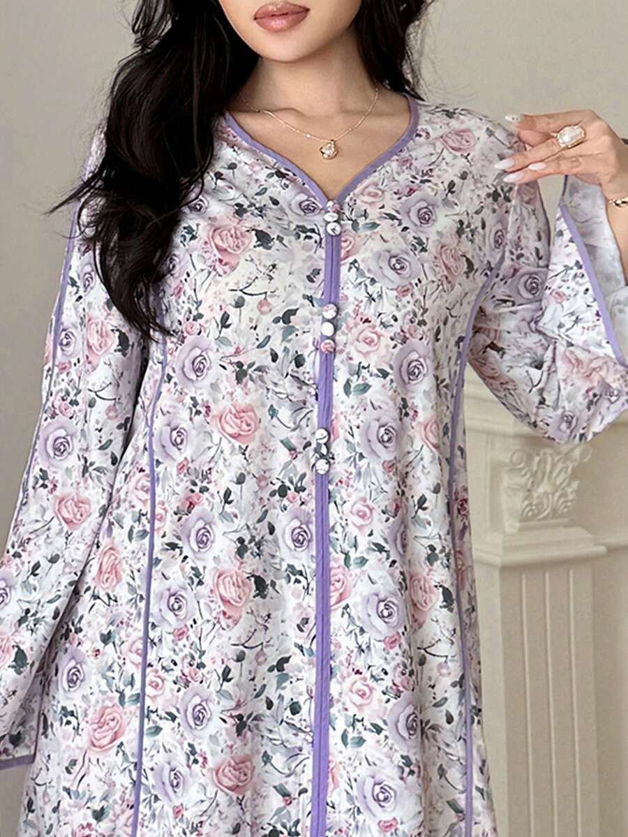 Yasmyna 新款撞色滚边V领碎花浪漫优雅度假日常休闲派对长裙