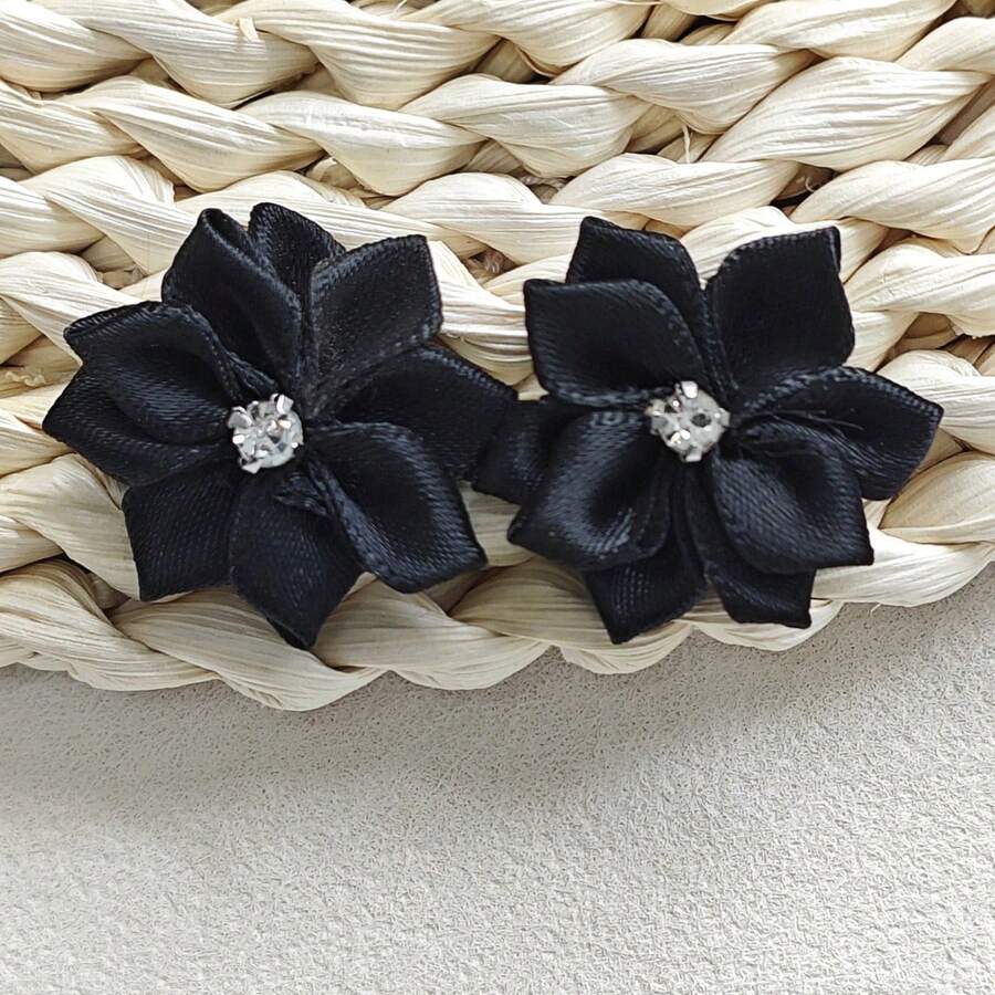 30Pcs/Set Solid Color Garment Decoration Excipient, Cute Fabric Rhinestone Decor Flower Design DIY Jewelry Accessory For Sewing - Black - View 1