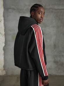 NEON BLANC Men's Red Ribbon White Fringe Patchwork Black Hoodie - Black - View 5