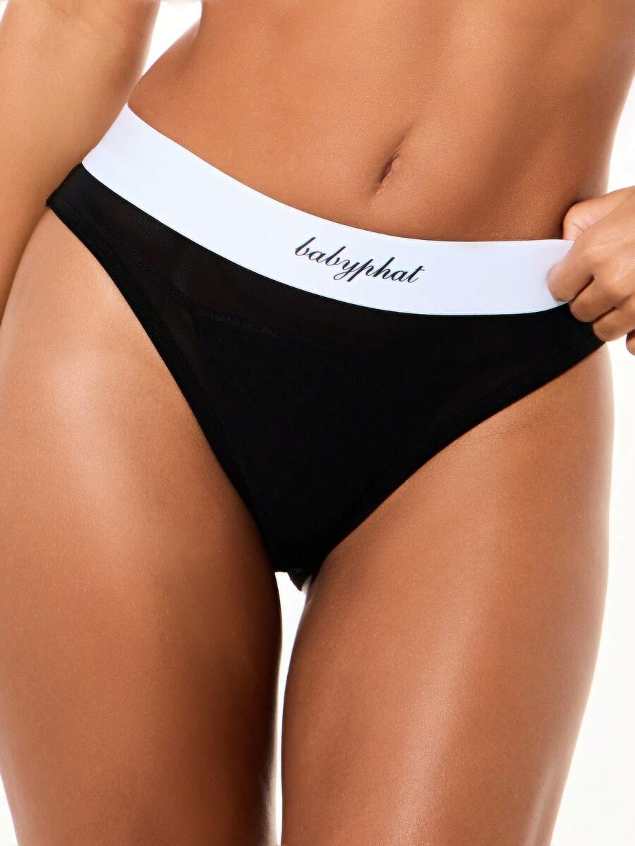 BABYPHAT High Leg Mesh Panel Briefs With Wide Waistband Logo Detail Underwear Everyday Comfort Fit - Black - View 1