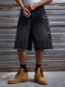 AXEPEAK Men's Washed Rhinestone Embellished Casual Shorts - Black - View 4