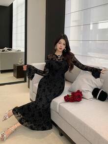 DAZY 春夏白色正式连衣裙，优雅修身拼接腰部连衣裙，适合婚礼、派对、宴会、通勤等场合。 - 黑色 - 查看 5