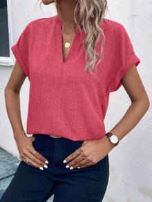 EMERY ROSE Blusa casual de mujer con cuello en V y manga corta - Rojo y blanco - Ver 5